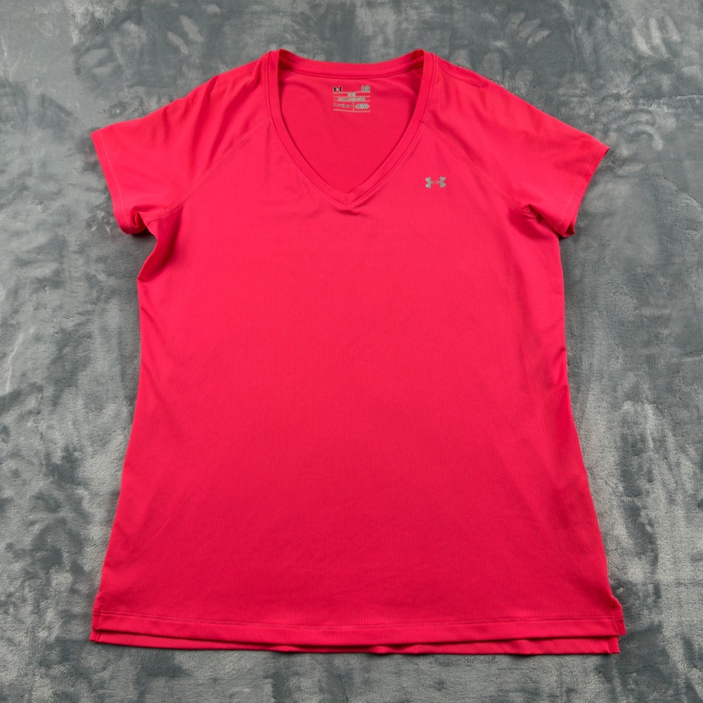 Under Armour HeatGear Womens Large Pink V-Neck Fitted Short Sleeve Athletic Top